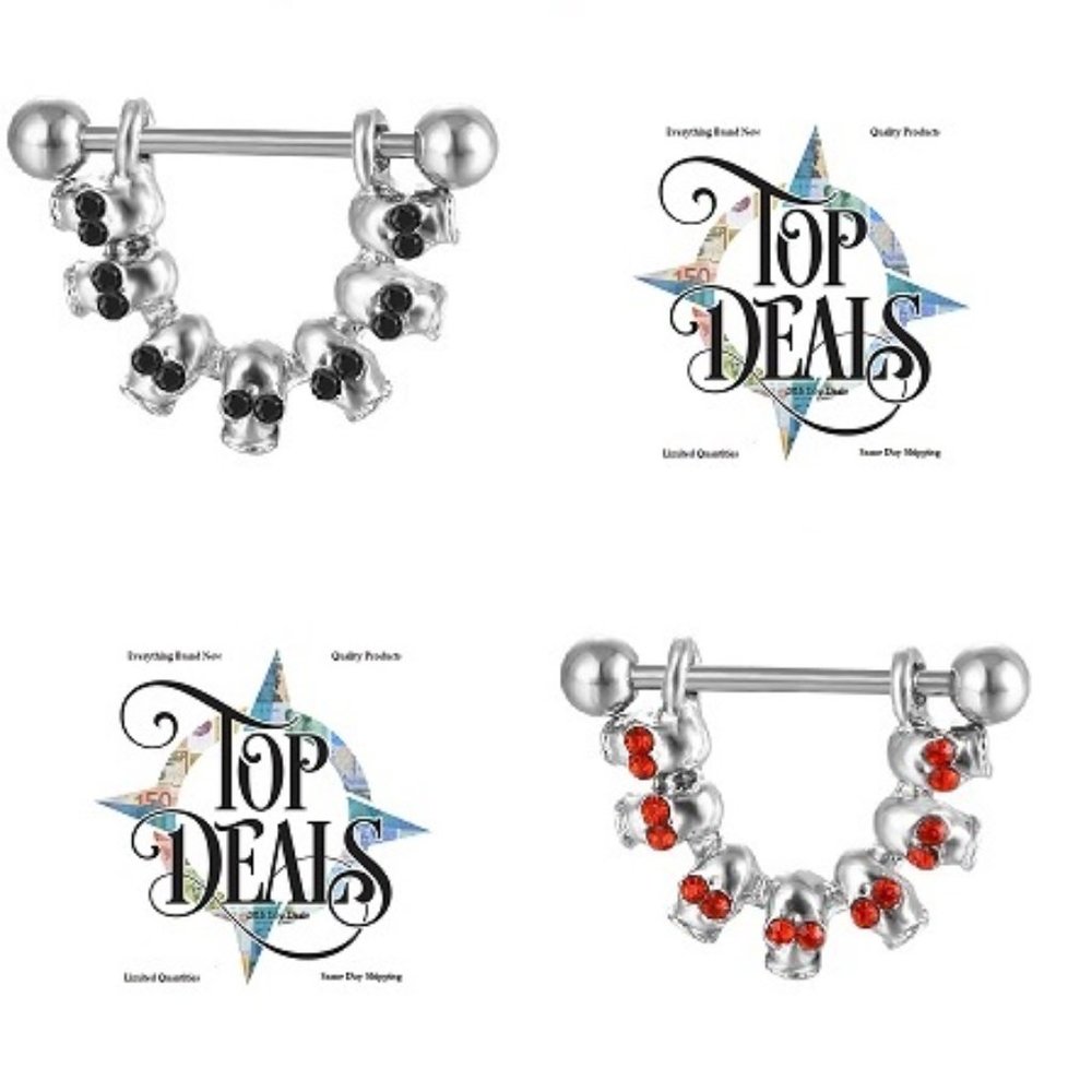 Silver:  Skeleton Heads Crystal Nipple Bar  Per Pair